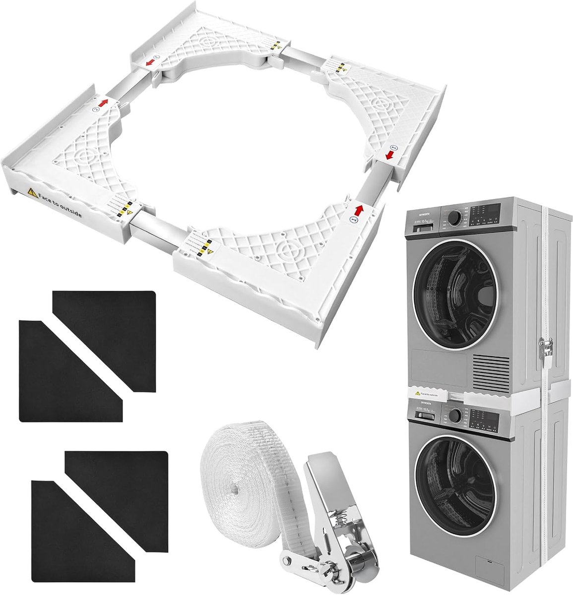 Tussenbouwframe, droger, wasmachine met rateltouw (45 - 70 cm), wasmachine en drogerverbinding, universeel met 8 antislippads, ruimtebesparend, tot 500 kg belastbaar