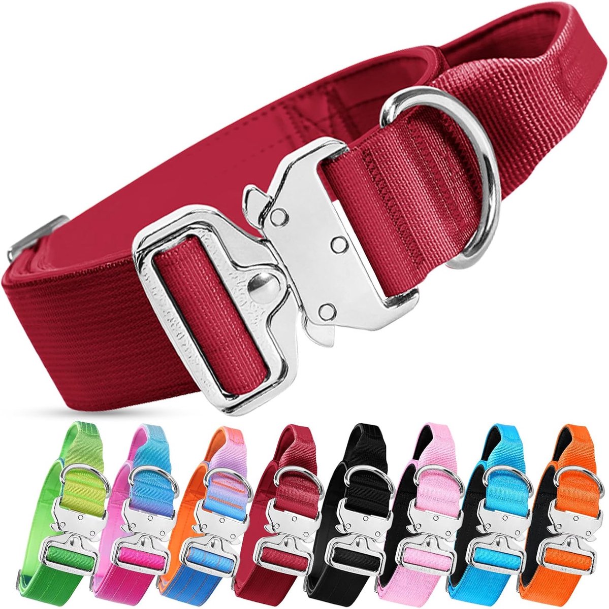 Hondenhalsband, militair nylon, verstelbare, sterke halsband met handvat en zwaar belastbare metalen gesp, zachte, comfortabele, brede en dikke halsbanden voor middelgrote en grote