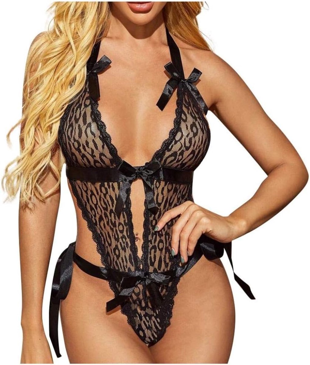 Babydolls, nachtjaponnen & negligés dames Sexy damesondergoed Diepe V-rugloze kanten jurken set-Black_S