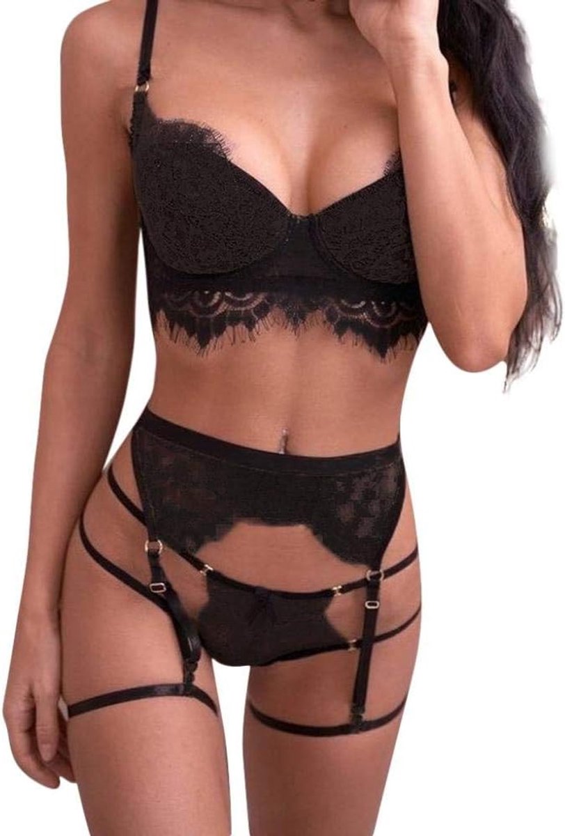 Babydolls, nachtjaponnen & negligés Vrouwen Sexy Lingerie Bandjes Beha Panty Kousenband Sexy Ondergoed Draadloze Erotische Lingerie Kostuums Set-Black_XL