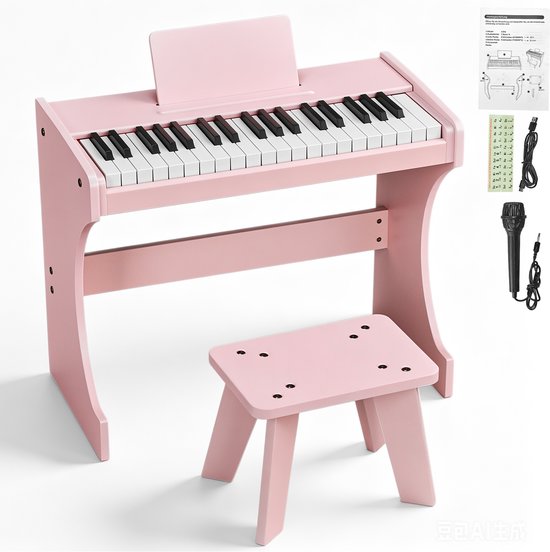 Roze houten speelgoedpiano met 37 toetsen en bijpassend bankje, muziekstandaard, microfoon en USB-kabel.