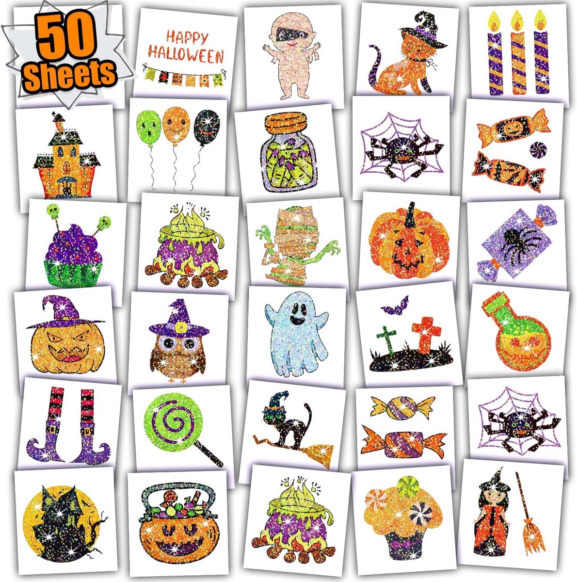 Halloween glitter tatoeages voor kinderen, 50 stuks lichtgevende tijdelijke kindertatoeages voor Halloween decoratie voor kinderen, accessoires voor verjaardagsdecoratie, feestcadeautjes