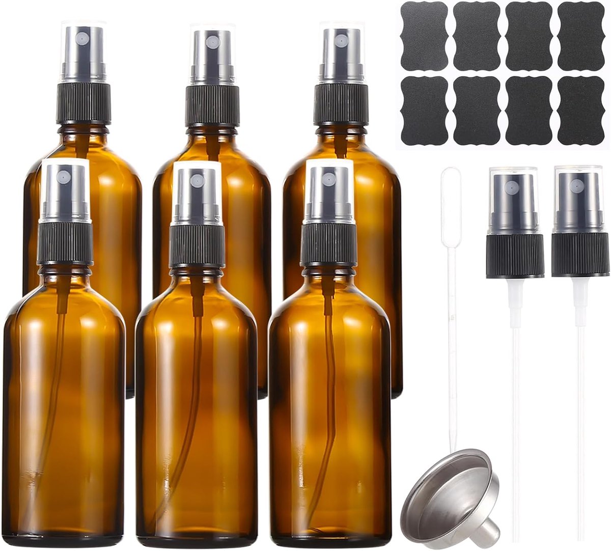 100 ml amberkleurige glazen spuitflessen, lege fijne nevel navulbare reisspuitfles voor reiniging, parfum, aromatherapie, cosmetische sprays, haar, etherische oliën met fijne neveldispenser (6