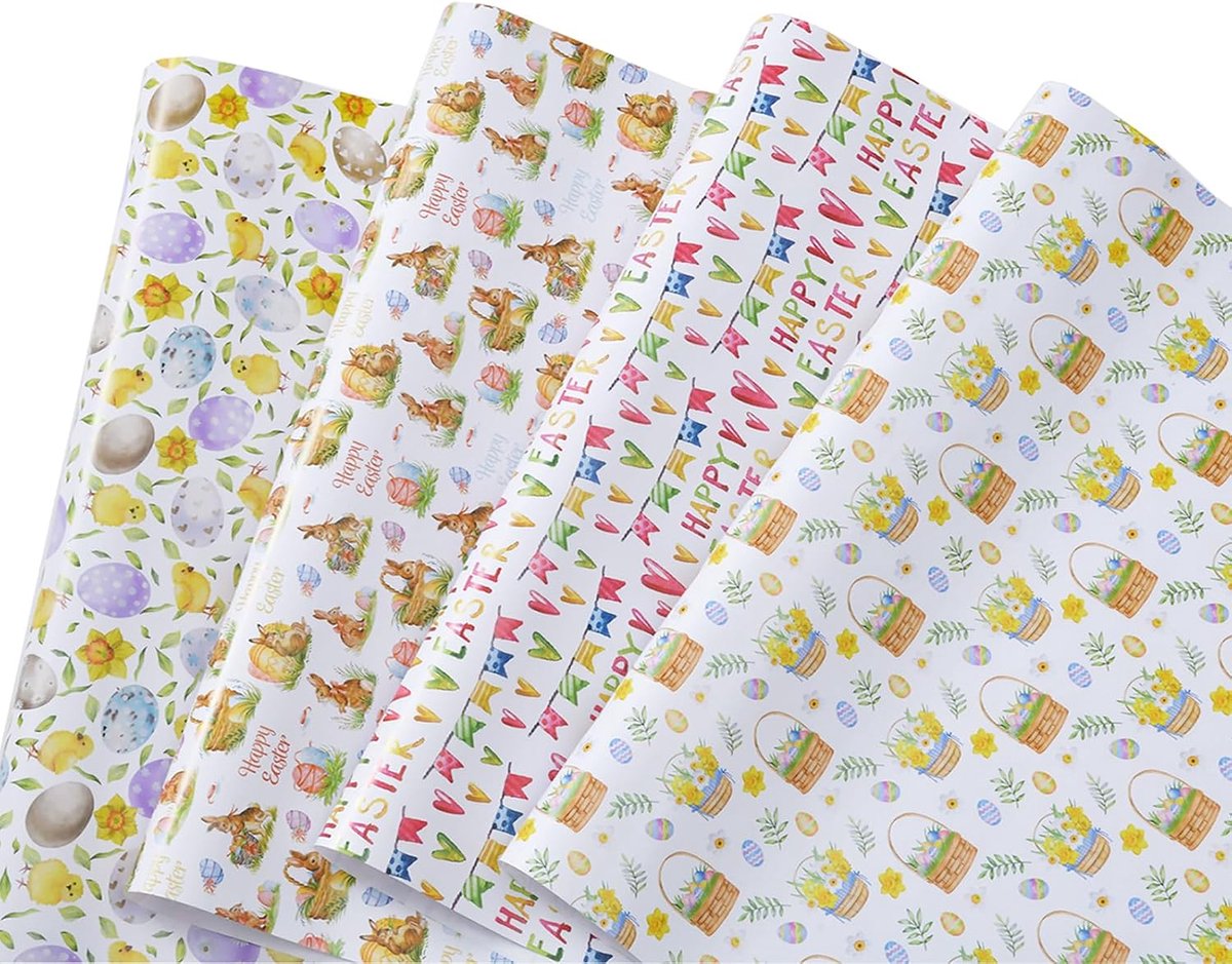 8 vellen Pasen inpakpapier - 4 ontwerpen met ei, konijntje, kuiken - cartoon kunst kleurrijk papier voor lentevakantie feest cadeauverpakking DIY Craft