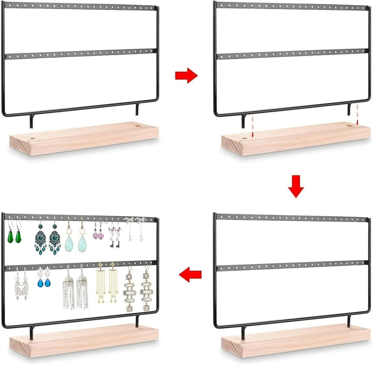 Oorbellen Houder 2 Laag Sieraden Oor Stud Organizer Display Stand Oorbellen Boom Metalen Ijzeren Haak Met Houten Basis (Zwart/Wit) Sieraden display (Color : Black-2, Size : L) — cadeau in Sieraden - foto 3