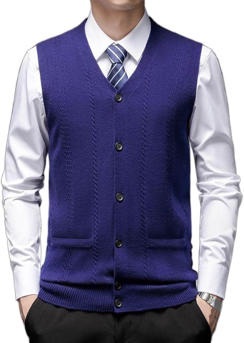 Vest Voor Heren Met V-Hals, Jeugdmode Jacquard Gebreid Vest Bovenkleding Casual Trendy Trui, Klassiek Zakelijk Heren Gebreide Vest Trui Vest Tanktops, Marineblauw, S