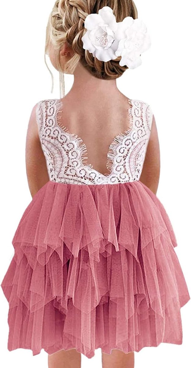 Feestjurk voor meisjes, kant, V-hals, rug, mouwloos, wollig, tule, prinsessenjurk, feestjurk, bloemenmeisjesjurk