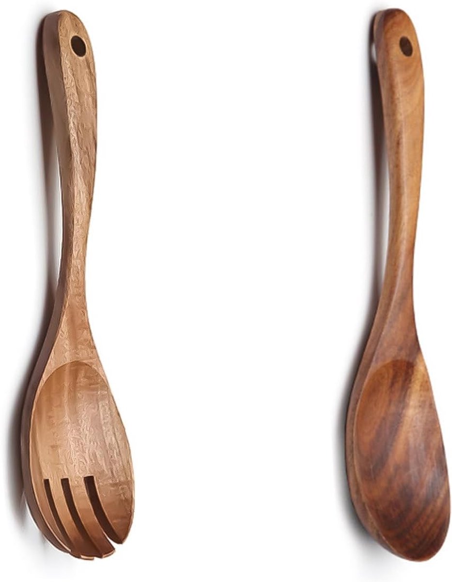 Saladebestek van hout, set van 2 stuks saladebestek van olijfhout, salade-lepel en -vork van hout, keukenhulpset van hout, houten kooklepel, houten olijfhouten keukengerei voor salade, pasta