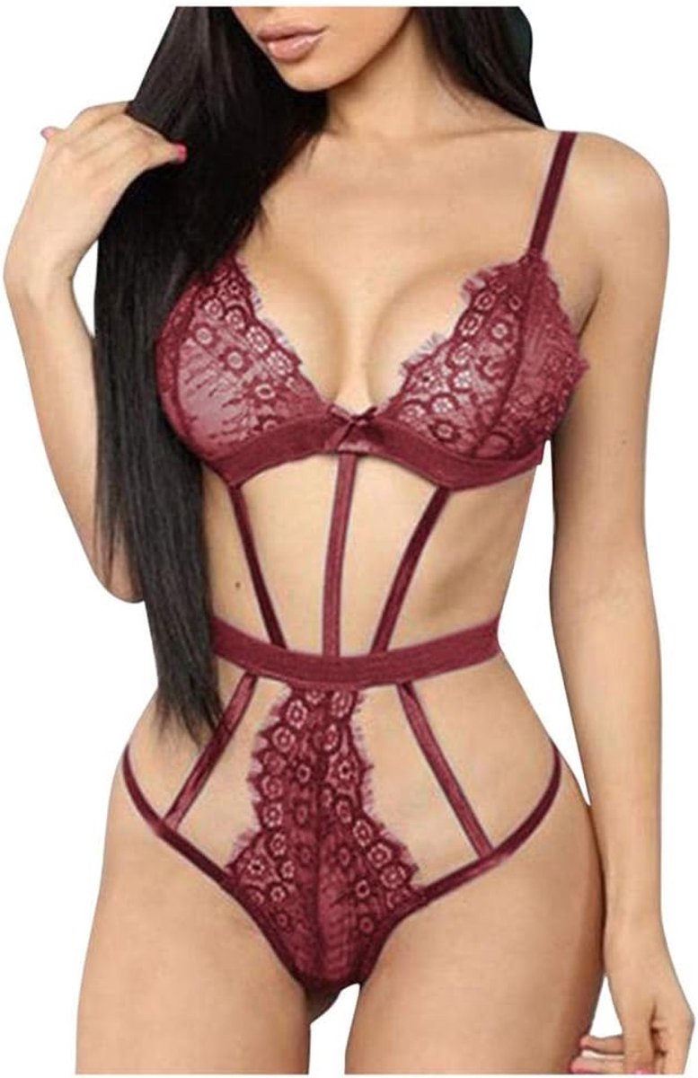 Lingerie & ondergoed Vrouwen Mesh Kanten Kousenband Sexy Lingerie V-hals Hol Erotisch Ondergoed-Wine_L