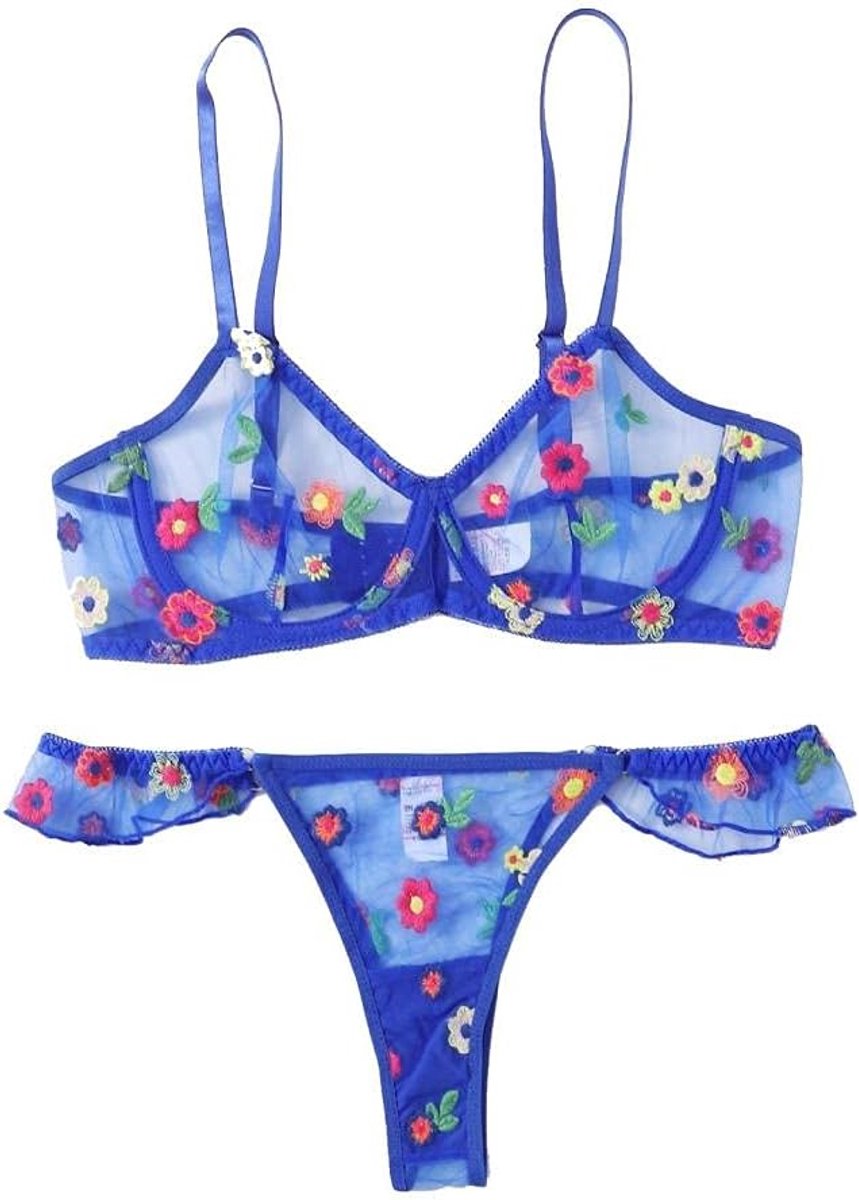 Dames Dames Kanten Kostuums Sexy Ondergoed Draadloze Beha Sexy Lingerie set-Azul_L