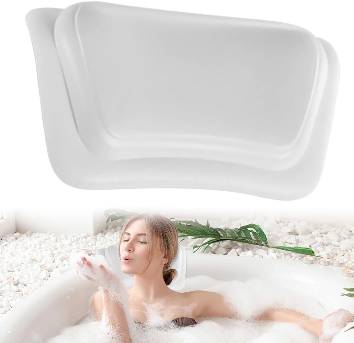 Badkussen met zuignappen, zwart, comfortabele bubbelmat, badkuip, whirlpool, mat voor jacuzzi, ergonomisch nekkussen voor badkuip, wasbaar, badkussen voor thuis en spa (wit)