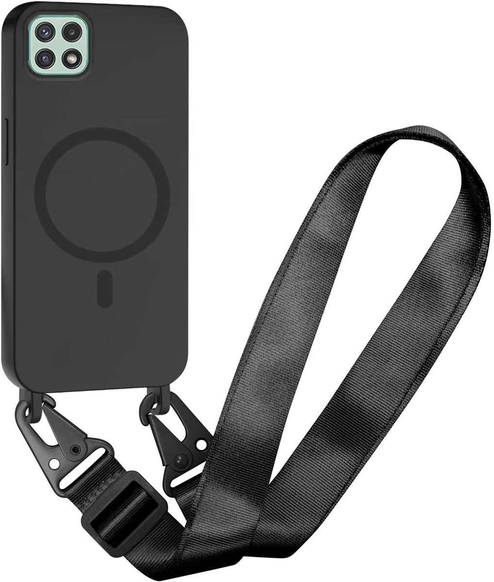 Compatibel met Samsung Galaxy A22 5G Draadloos opladen, Schokbestendige Verwijderbare Telefoon Case met Verstelbare Nekoord Ketting Zachte Cover voor Samsung Galaxy A22 5G, Zwart