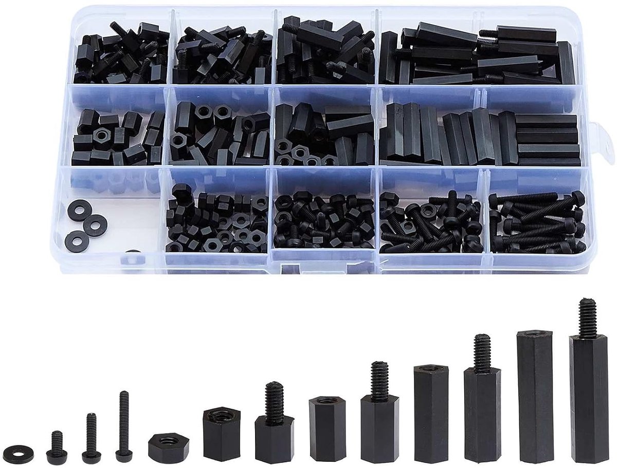 320 STKS M3 Mannelijke Vrouwelijke Nylon Hex Spacer Standoff Schroef Moer Schroefmoer Schroefdraad Pijler PCB Moederbord Diverse Assortiment Kit (zwart)