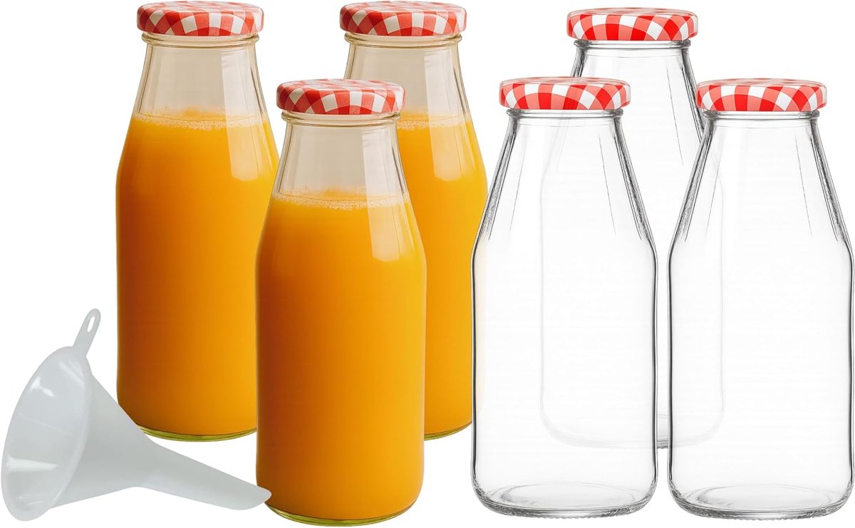 Mikken 6 x glazen fles 500 ml, fles met schroefdop incl. trechter