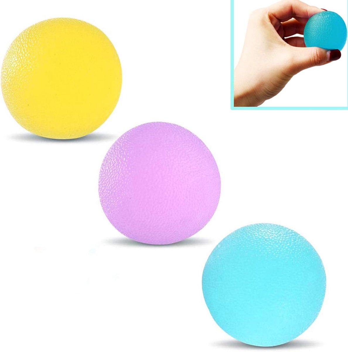 3 STUKS Voor Handoefeningen, Stressverlichtingsballen, Handtherapie-oefenballen, 3 Soorten Niet-giftige en Geurloze Siliconen Drukbal, Voor Handoefeningen, Stressverlichtend (Geel, Groen, Paars)