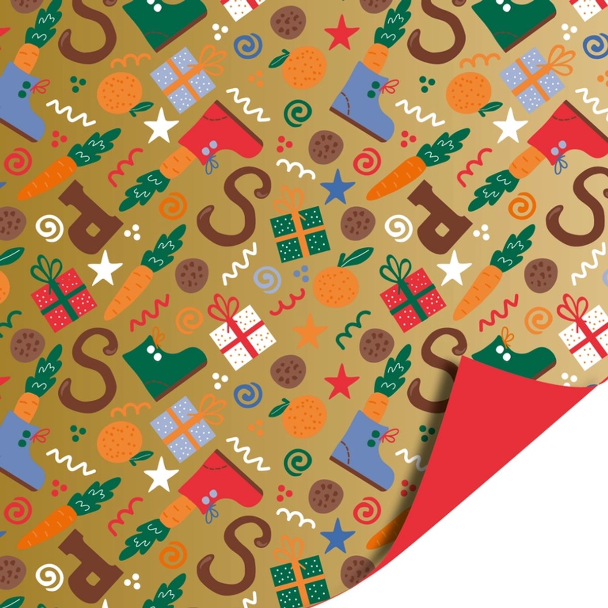 Het Inpakhuis - Cadeaupapier - Inpakpapier - Kadopapier - Schoencadeautje Goud - Rood - Sinterklaas - Pakjesavond - 70cm x 2mtr