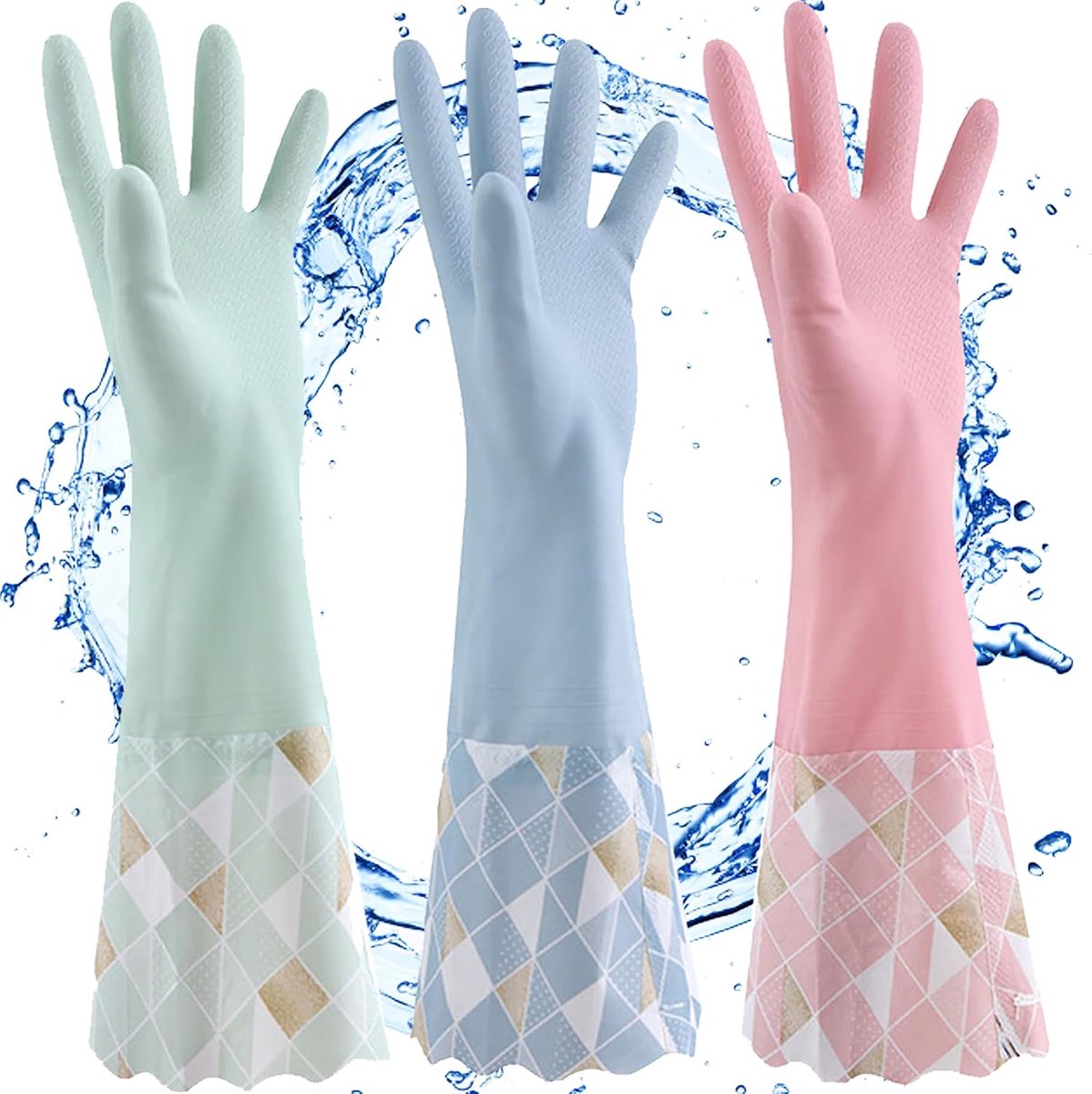 Handschoenen, non-slip afwashandschoenen met katoenen voering, herbruikbare waterdichte huishoudelijke afwashandschoenen (bleu+ vert+ rose)