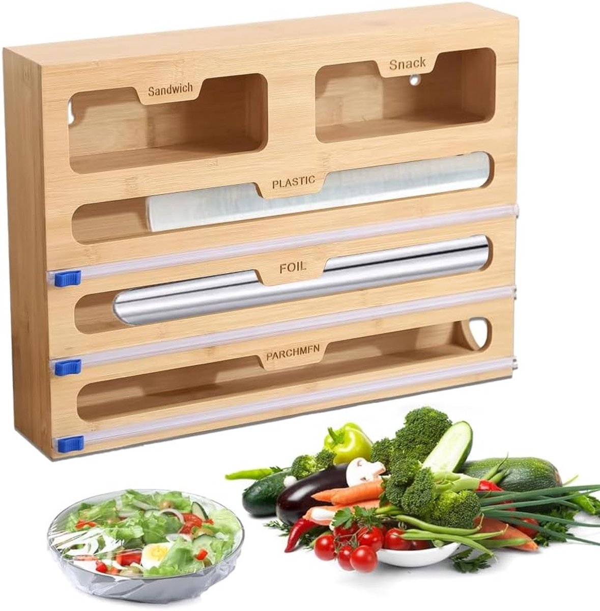 SnelShoppen - Foliedispenser met Cutter - Aluminiumfoliedispenser van Bamboe - Vershoudfolie Afroller met Schuifsnijder - 40 cm Lange Vershoudfolie -