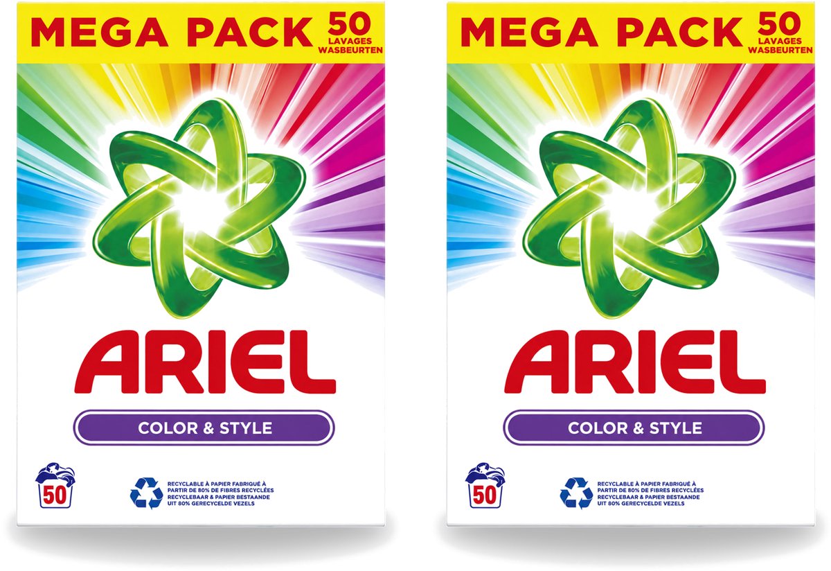 2 x Ariel Color & Style - Waspoeder - Gekleurde Was - 50 Wasbeurten - Voordeelverpakking - 2 stuks