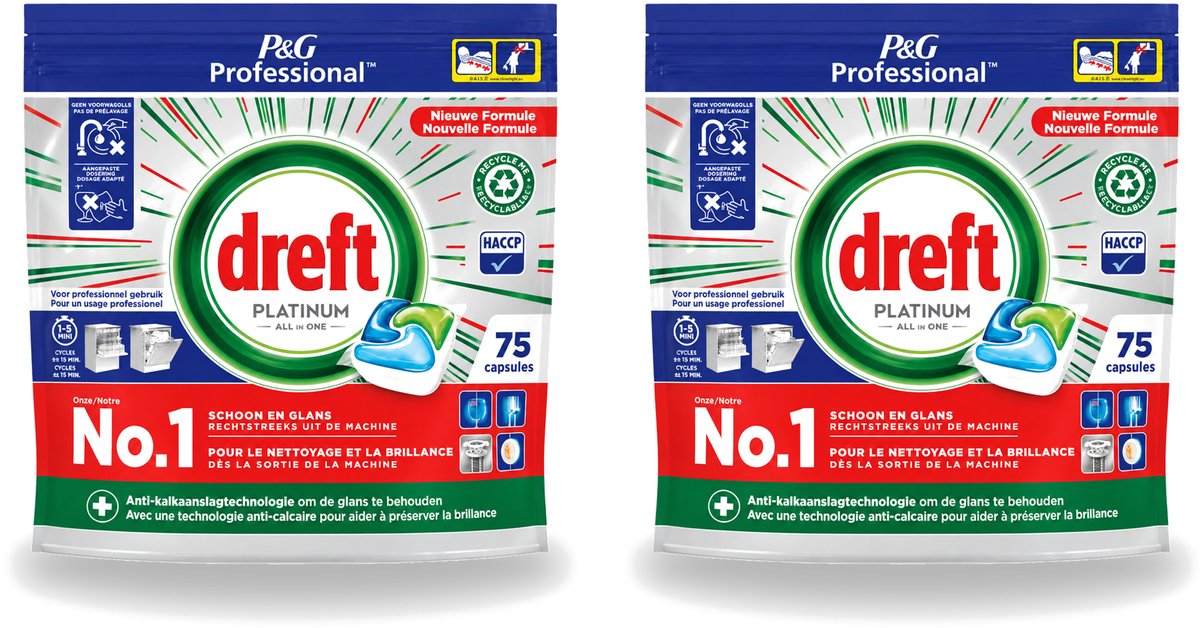 2 x Dreft Professional - Platinum - All In One - Vaatwascapsules - 75 Afwasbeurten - Voordeelverpakking - 2 stuks