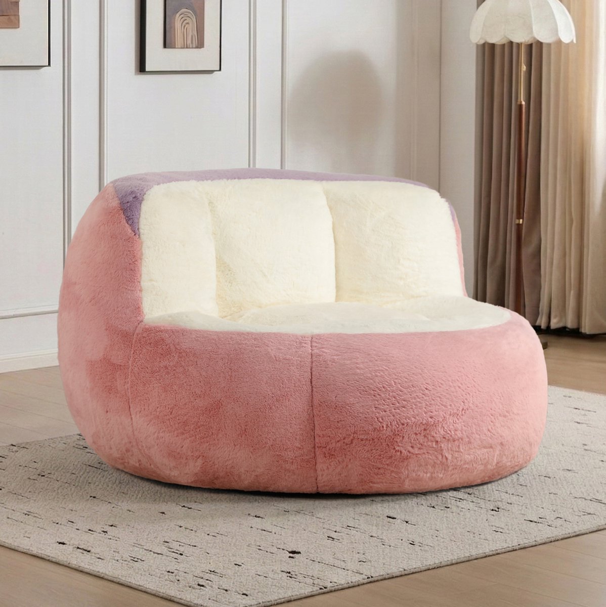 REDOM Zitzak loungestoel - Met rugleuning - Antislip onderzijde en handgreep - Imitatiebont - Binnen - Roze Wit Paars - 110 x 106 x 77 cm