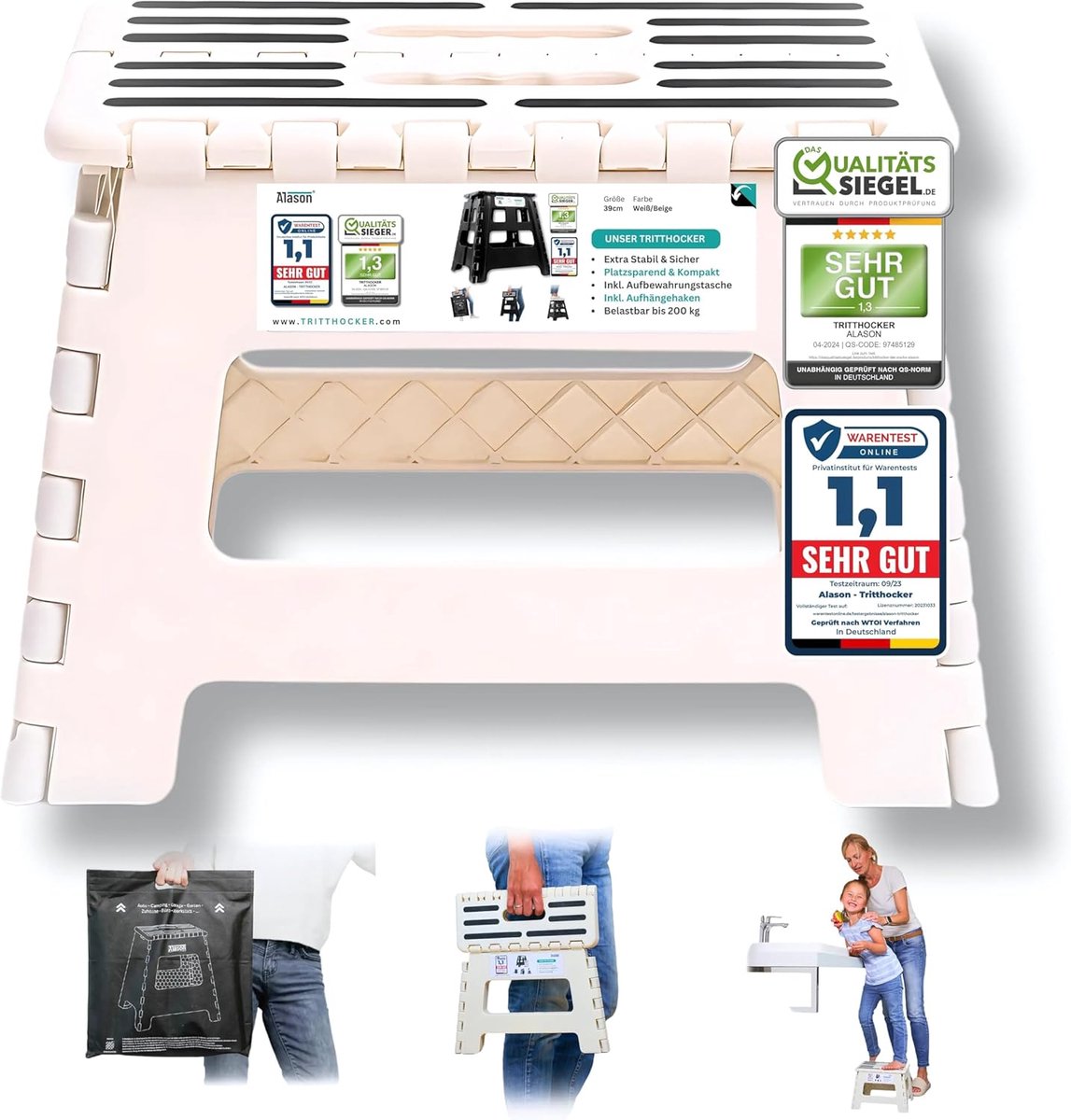 SnelShoppen - Opvouwbare Step Stool 22 cm, Max. 150 kg, Lichtgewicht, Met Ophanghaak en Opbergzak, Ruimtebesparend Vouwkruk in Wit/Beige voor Thuis, K