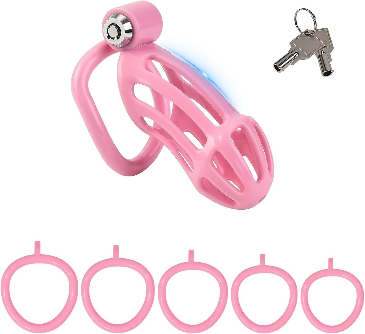 3D-geprinte mannelijke kuisheidskooi met 2 sleutels en 5 ringen in verschillende maten Kuisheidsapparaat met one-touch-vergrendeling Adult SM Training Sex Toy (Pink)