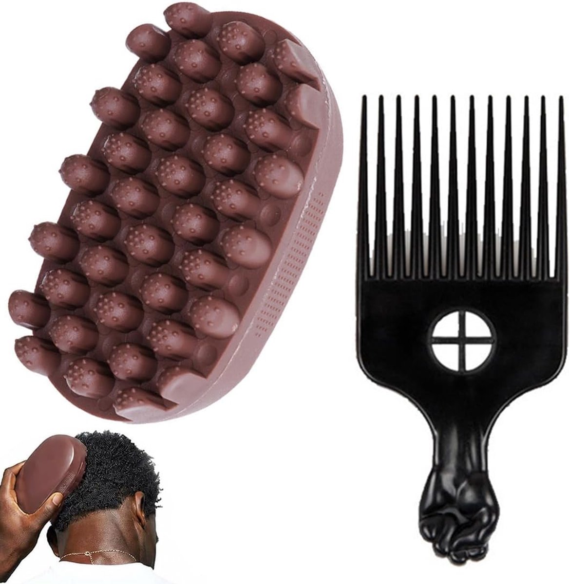 2 PCS krullenborstel + stalen naaldkam, rubberen haarborstel, dreadlock, twist- en stylerborstel, wasbare afrospons, afroborstel voor vuil gevlochten krullend haar, haarspons (bruin)