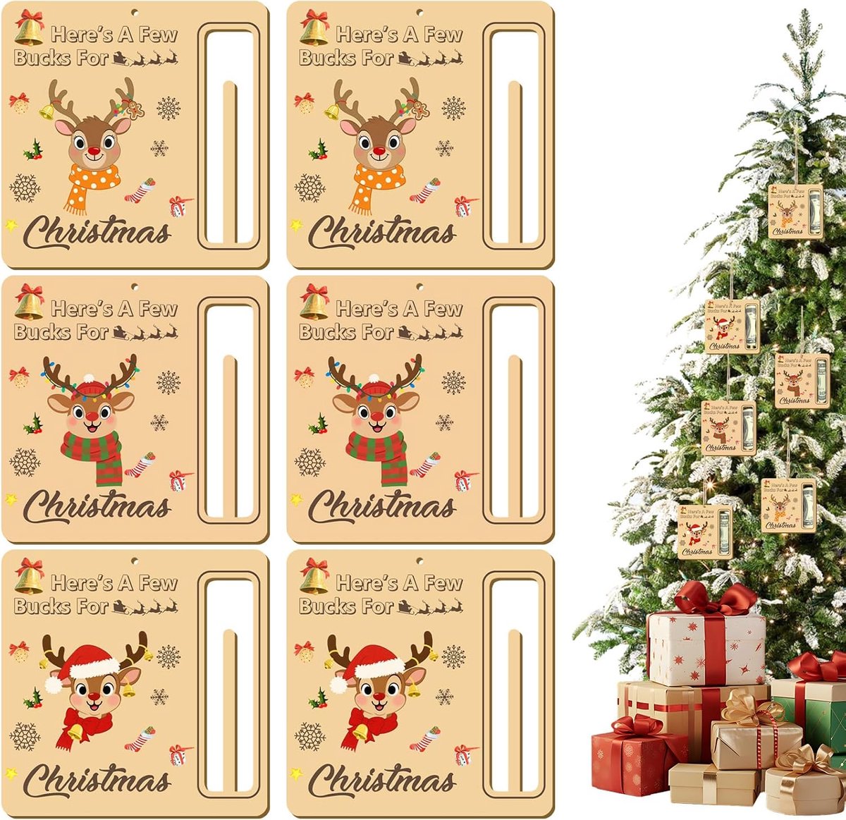 6 stuks elanden kerstgeldhouder, kerstgeldhouders voor contant geld, hangende houten kerstversieringen, wintervakantiedecoraties, hier is een paar dollar voor feestgunsten Cash Holder Geschenken