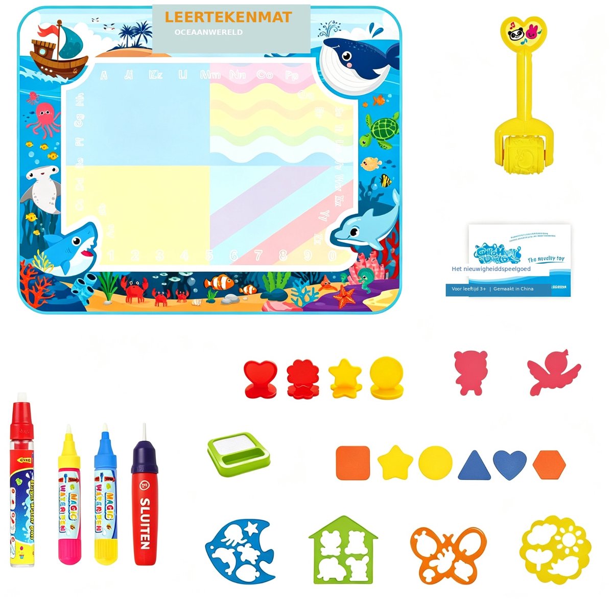 Water Tekenmat voor Kinderen - 100×80 cm Groot Water Tekenspeelgoed met 6 Waterpennen en 8 Stempels - Montessori Educatief Speelgoed - Oceaan Thema