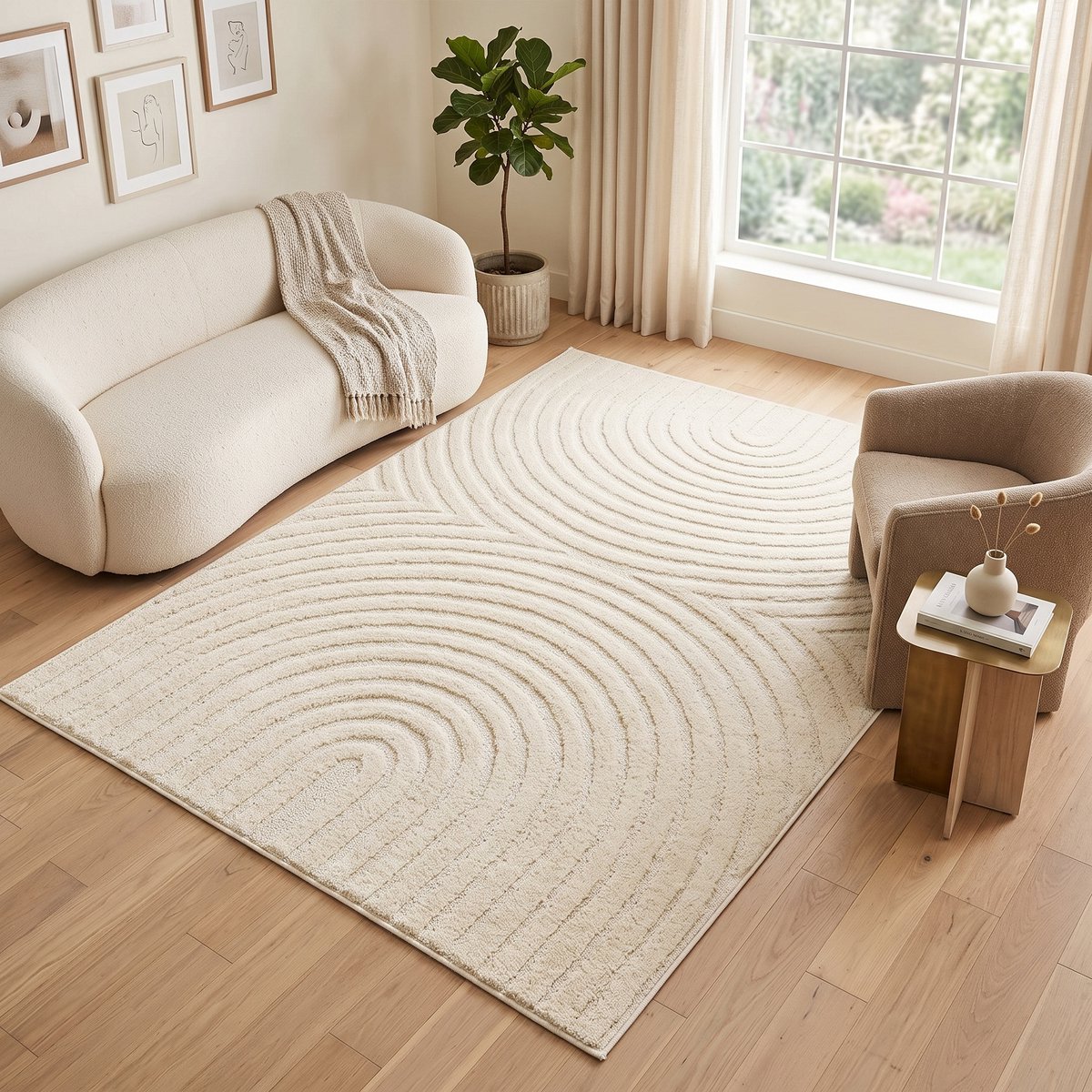 Tapiso Vloerkleed Linea 3D Boogpatroon - Ecru - Modern Design - Woonkamer 80x150 Ecru Boogpatrooon
