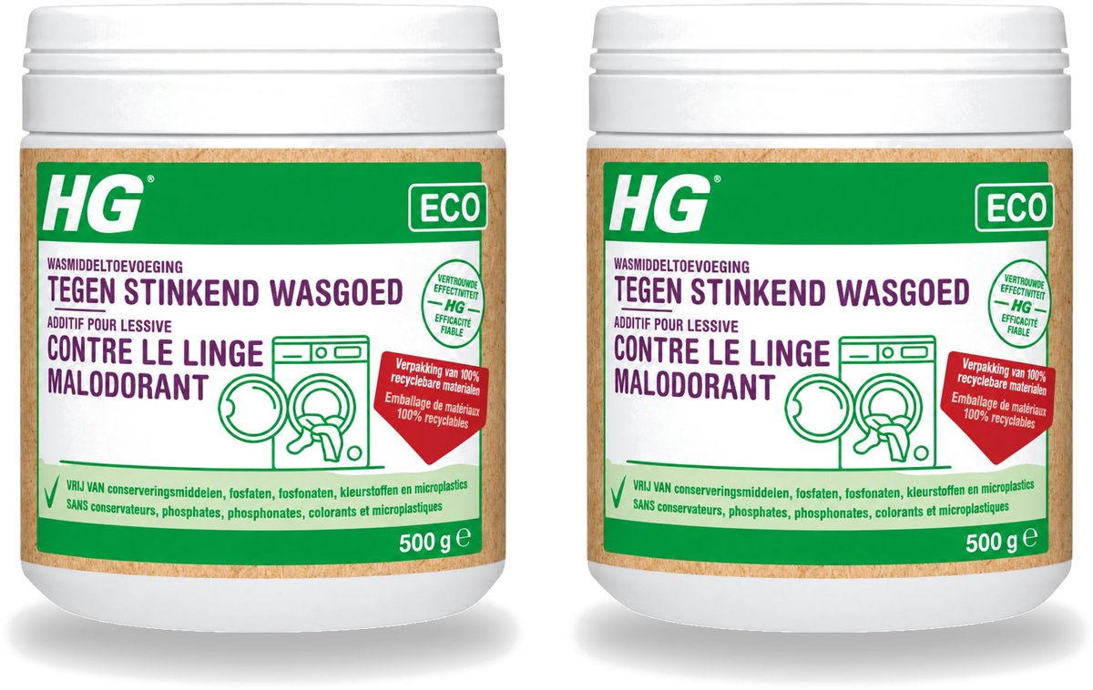 2 x HG ECO - Wasmiddeltoevoeging Tegen Stinkend Wasgoed - Effectieve Formule - 16 Wasbeurten - 500 g - Voordeelverpakking - 2 stuks