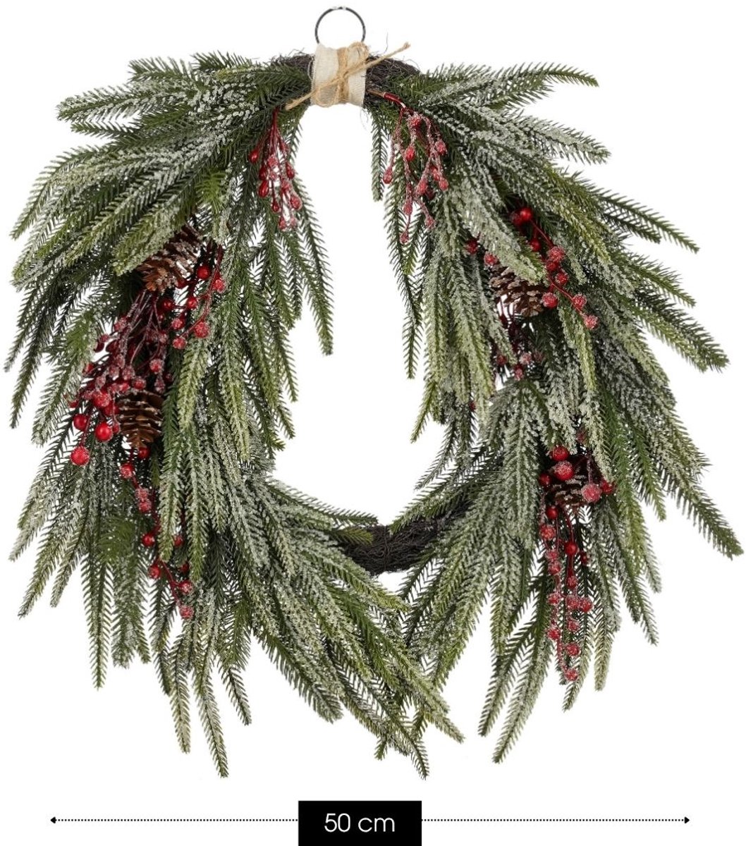 Mica Decorations Krans Dennenappel Groen - Kerstkrans met Rode Bessen en Dennenappels - Decoratieve Deurkrans voor Kerst - Gemaakt van Stevig Polyethyleen - 61 x 50 x 13 cm – foto 3
