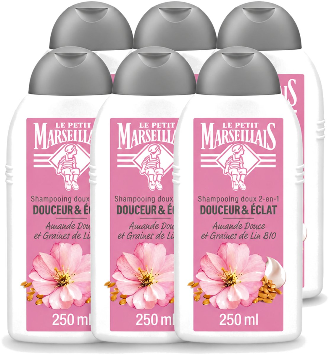 6 x Le Petit Marseillais – Shampoo – Amande Douce & Graines de Lin Bio – 250 ml - Voordeelverpakking - 6 stuks