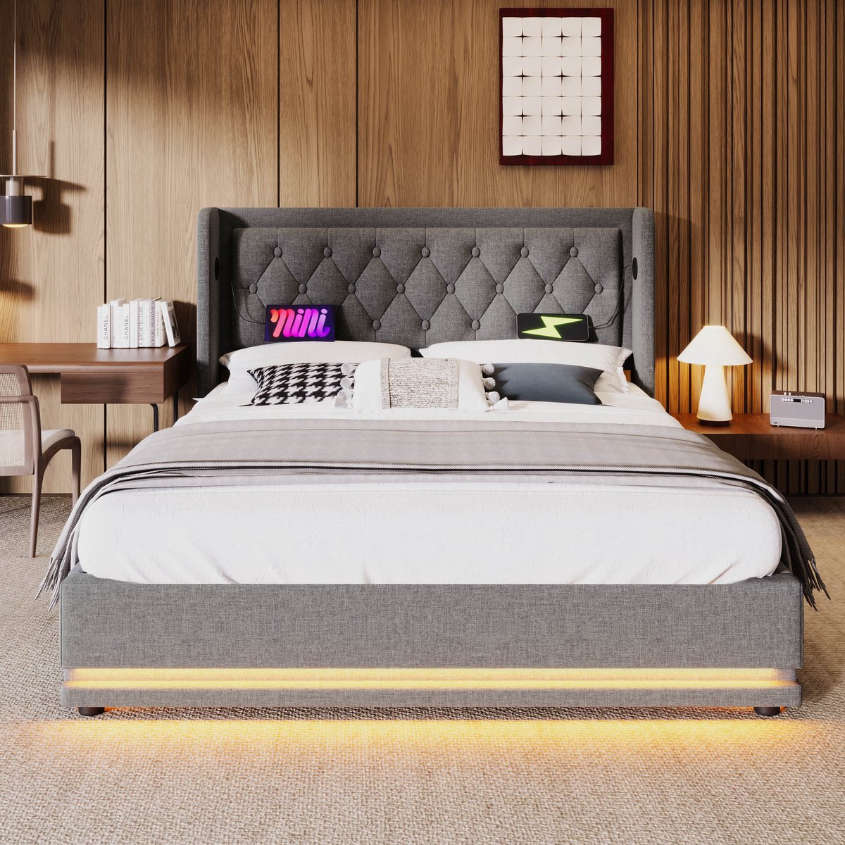 WUVRIE Gestoffeerd tweepersoons opbergbed 160x200 cm met USB- en Type-C-aansluitingen, LED, grijs