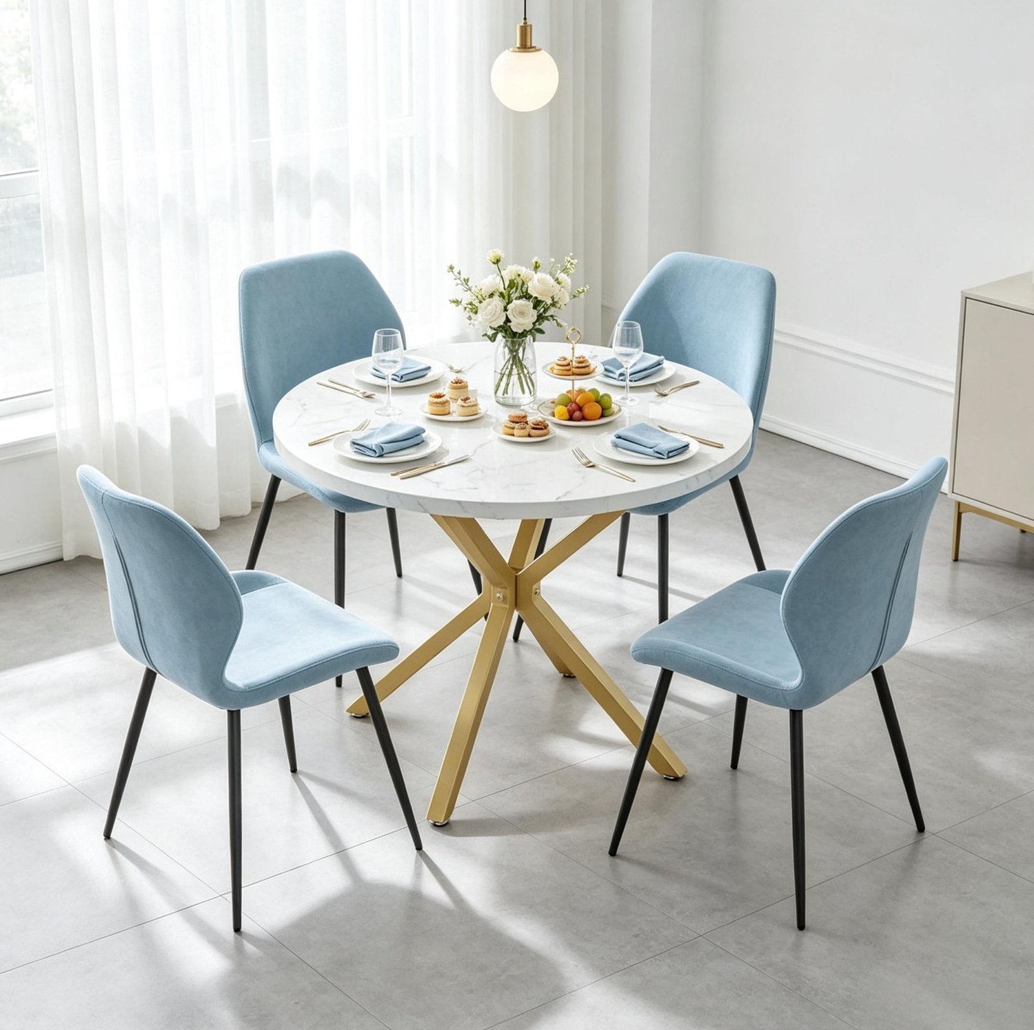 HAUSS SPOLE Eettafel - Rond Tafelblad met Marmerlook - Voor 2 tot 4 Personen in Keuken en Eetkamer - Hout en Staal - Wit en Goud - Ø 100 x 76,5 cm