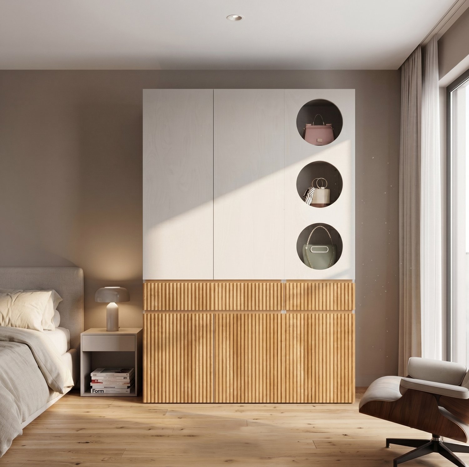 HAUSS SPOLE Kledingkast - 6 Deuren, 2 Laden En Kledingstang - Voor Slaapkamer - MDF En Spaanplaat - 135x50x200 Cm - Lichte Eikenlook En Grijs Lichte eikenkleur en grijs