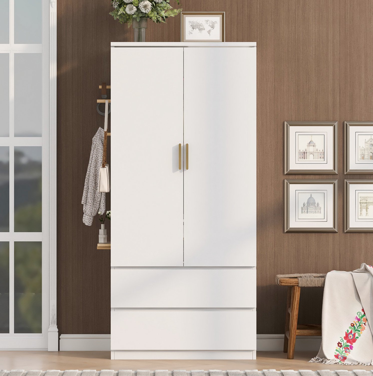 HAUSS SPOLE Kledingkast - Hanggedeelte, 2 Lades En Verborgen Opbergruimte - Zijpaneel Met Gaten - Voor Slaapkamer - Multiplex En MDF - 70x50x170 Cm - Wit