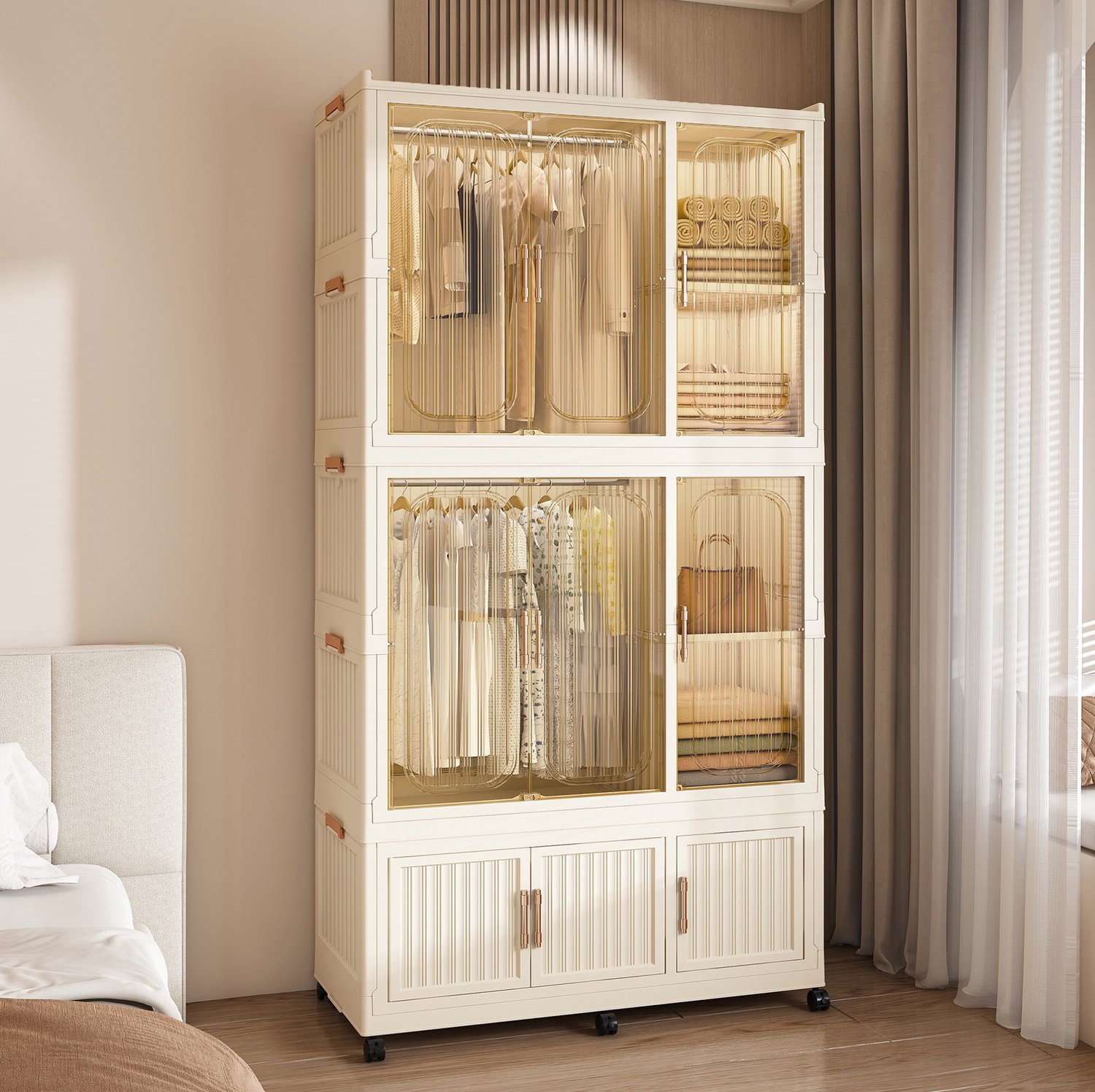 DESMIU Kledingkast - Opvouwbaar met 9 Magnetische Deuren - Voor Slaapkamer en Huurwoning - Polypropyleen - Crèmewit - 92x45x196 cm
