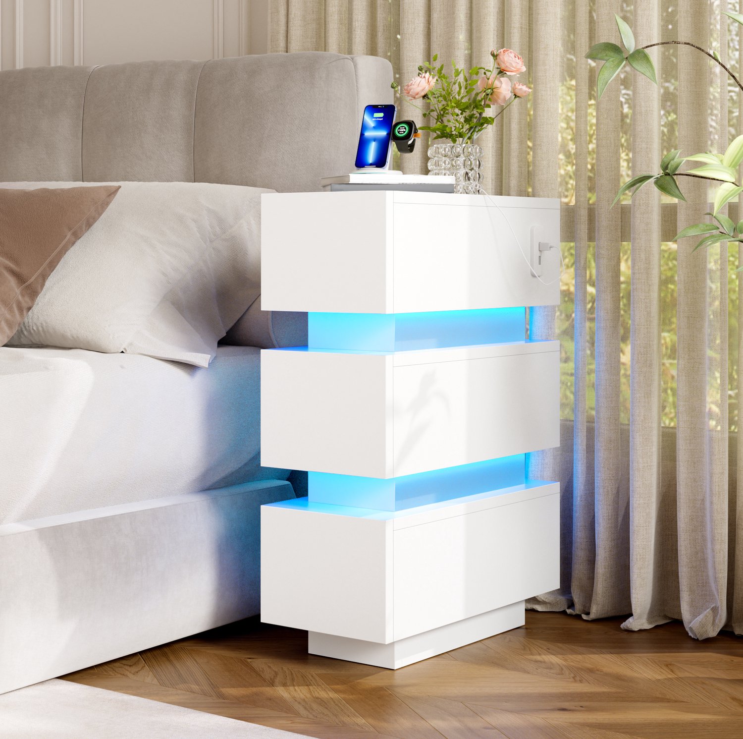 HAUSS SPOLE Nachtkastjes - Set van 2 met 3 Laden, Ledlicht en USB- en Type C-Aansluiting - voor Slaapkamer - Spaanplaat - Wit - 20x40x59,5 cm