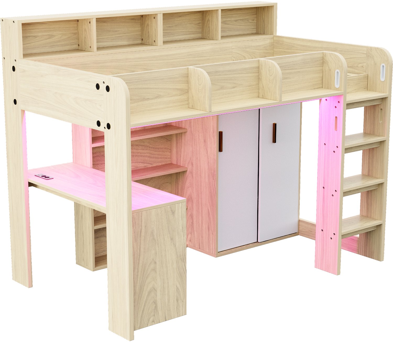 MUVANO Hoogslaper 90x200 met bureau en kledingkast - Opbergvakken - LED-verlichting en stopcontact - Lattenbodem - MDF en spaanplaat - Houtkleur