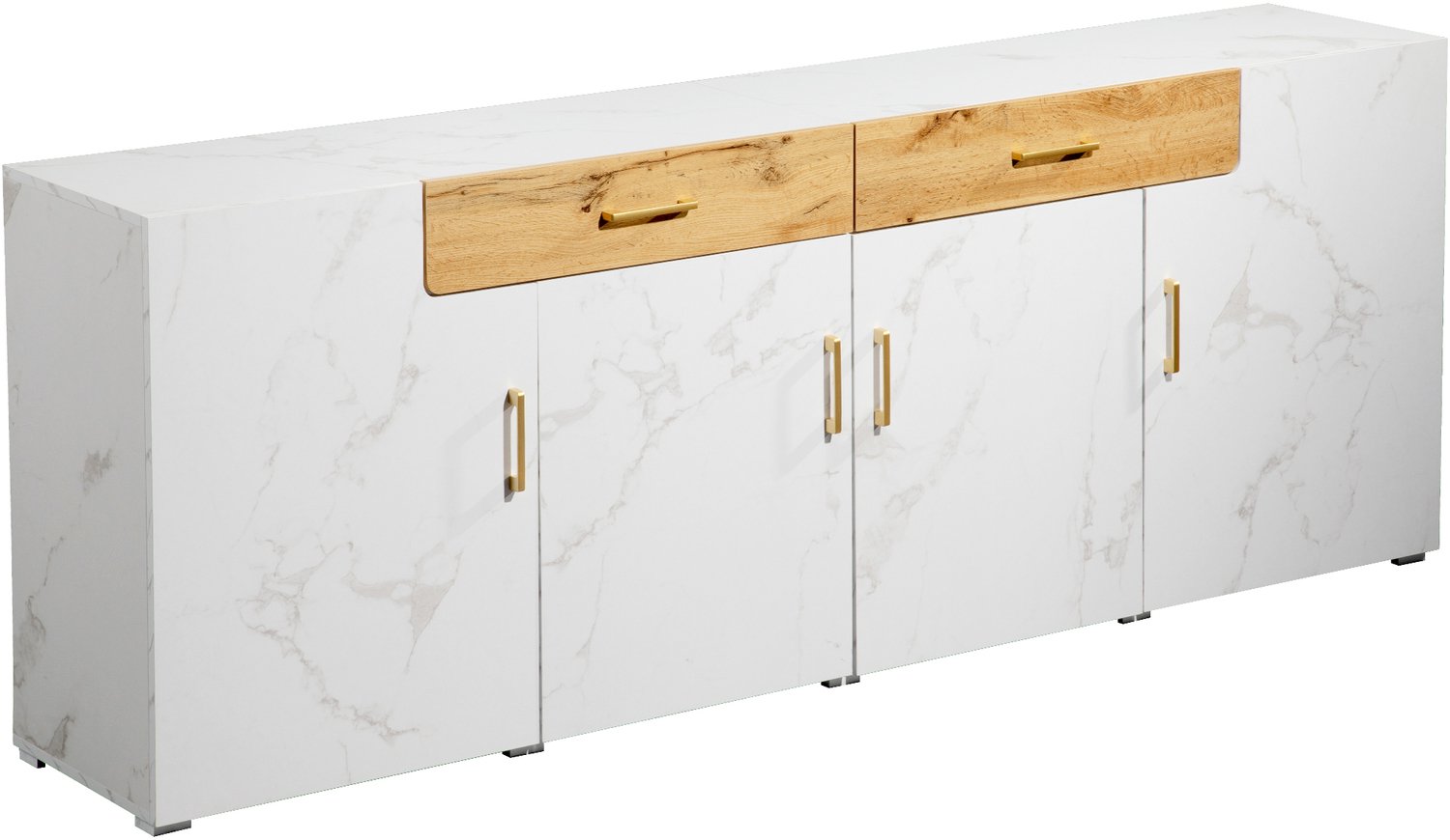 Ropilly Dressoir met 4 deuren en 2 laden - 208 cm breed - wit gemarmerd met houtkleurige fronten - met legplanken voor woonkamer of eetkamer Wit gemarmerd met houtkleurige ladefronten