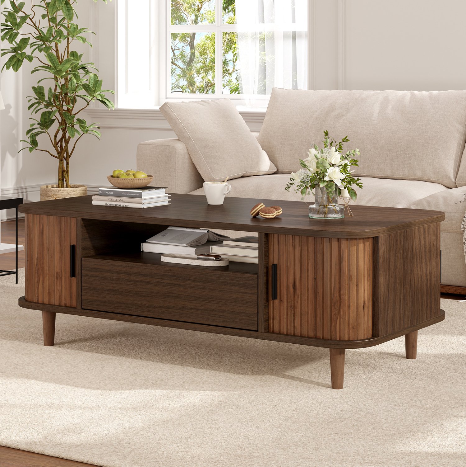 MODENUIT Salontafel - Met Lade En Roldeuren - Woonkamer - Mdf En Spaanplaat - Walnootkleur - 100x50x35 Cm