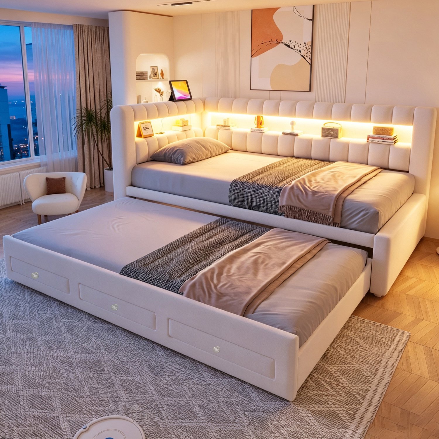 MODFU Slaapbank - Uitschuifbaar Bed Met Lades - LED-Verlichting - Fluweel - Beige - 90 x 190 cm