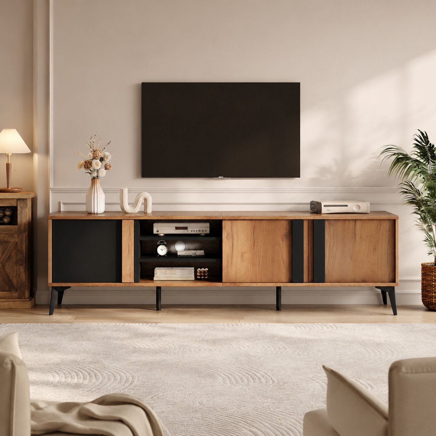 Maisentiel Tv-meubel 180 x 40 x 50 cm - bruin en zwart - 3 deuren en 4 open vakken