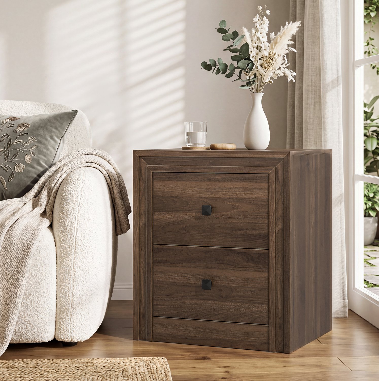MODENUIT Nachtkastje - 2 Lades - Voor Slaapkamer En Woonkamer - MDF, Spaanplaat - Donkerbruin - 46x39x54,5 Cm