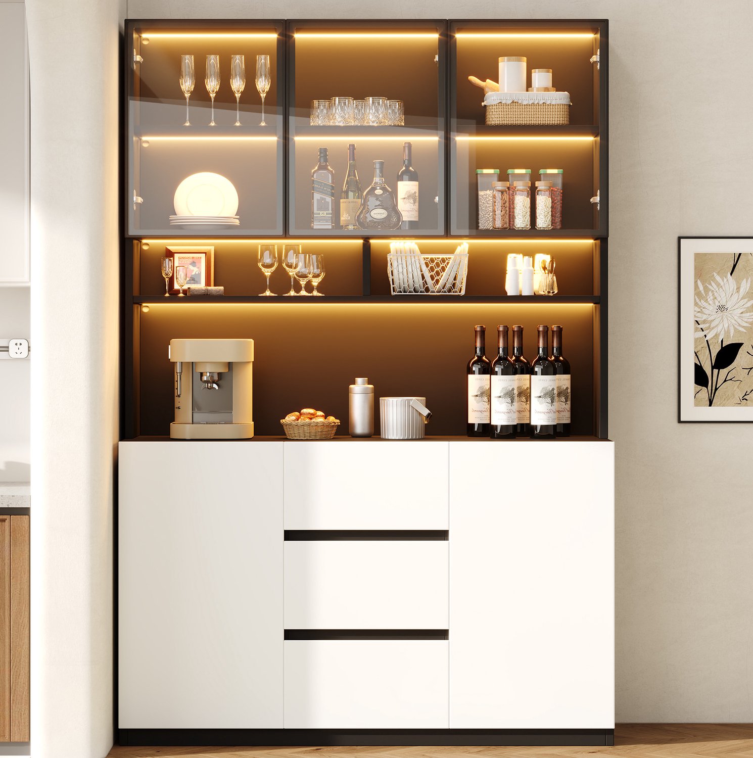 HAUSS SPOLE Vitrinekast Met Ledverlichting - Grijze Glazen Deuren En 3 Lades - Voor Woonkamer En Eetkamer - MDF En Glas - 120x38x200 Cm - Zwart-Wit Zwart en wit