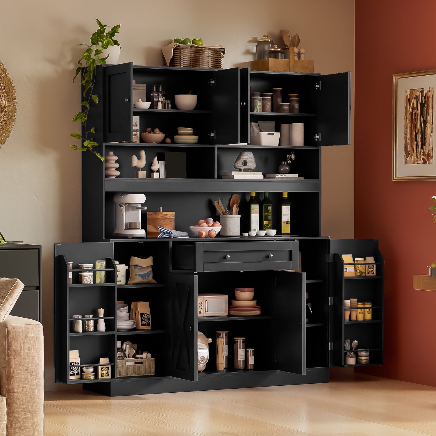 HAUSS SPOLE Keukenkast - Werkblad Met Stroomaansluiting - Verstelbare Legplanken En Lade - Voor Keuken En Eetkamer - MDF - 140x40x185 Cm - Zwart