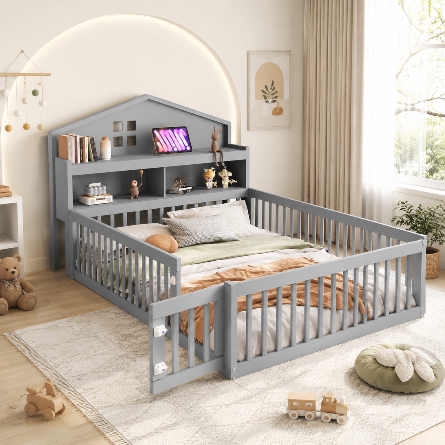Maisentiel Kinderbed in huisvorm 140 x 200 cm - met opbergruimte, bedhekje en lattenbodem - grijs