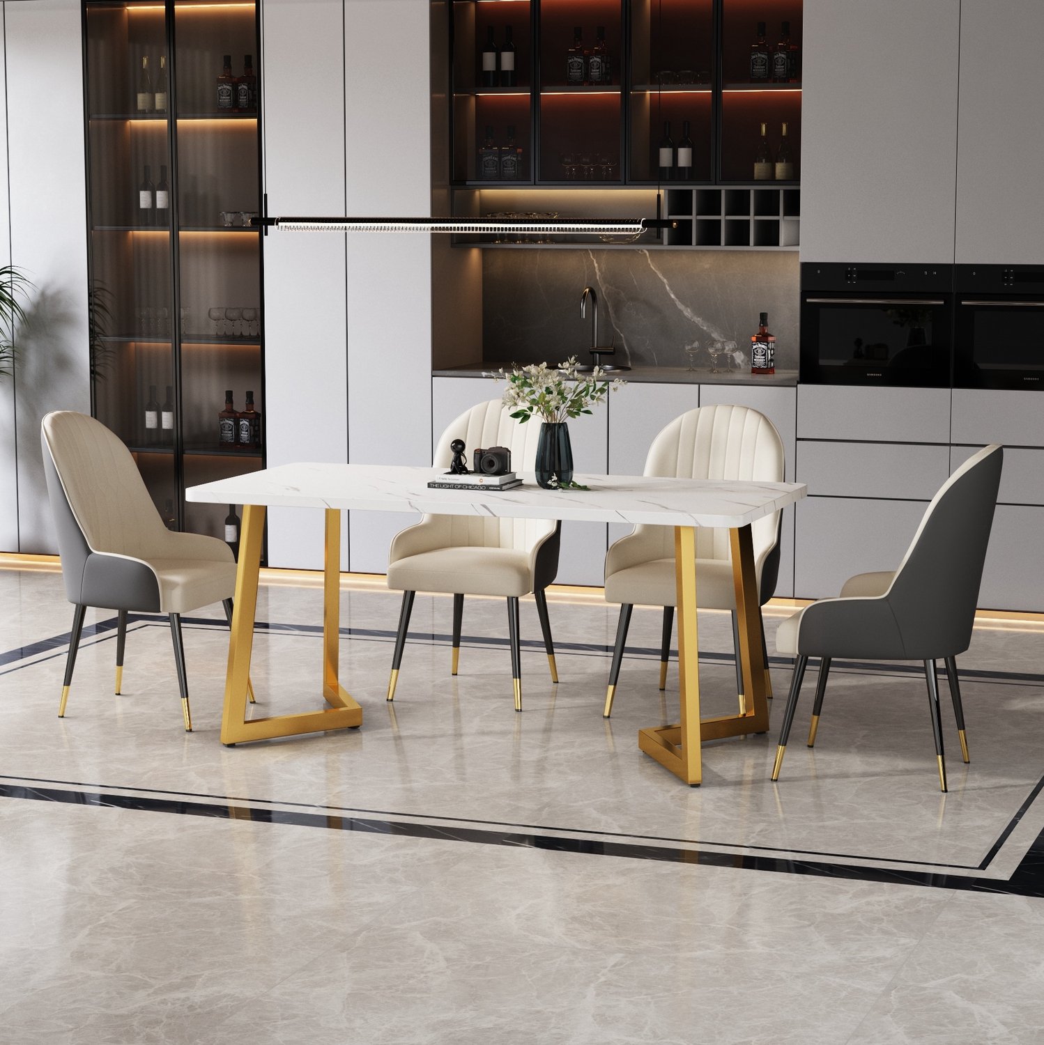 Maisentiel Eettafel 117 x 68 x 75 cm – MDF tafelblad met marmerlook – goudkleurige ijzeren poten Wit